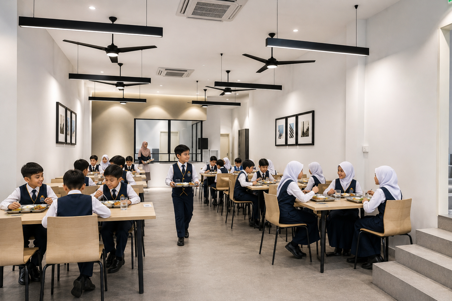 Sekolah Rendah Cendekia pupils attending a formal programme in the multipurpose hall.