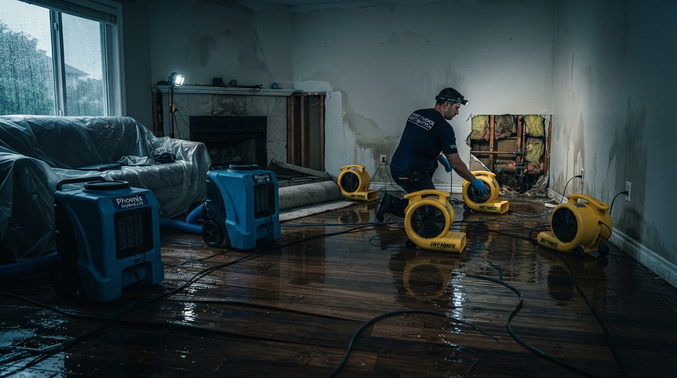 Illustrative water-damaged room with industrial drying equipment — not an actual Tod Booth project