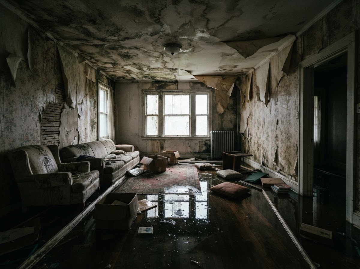 Living Room — water-damaged state, illustrative concept
