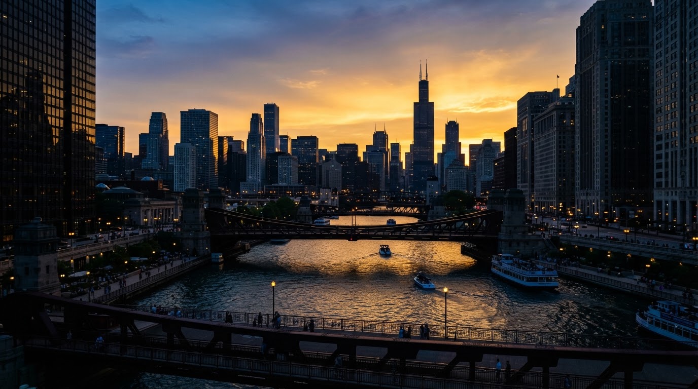 Chicago River at dusk looking west from the Loop