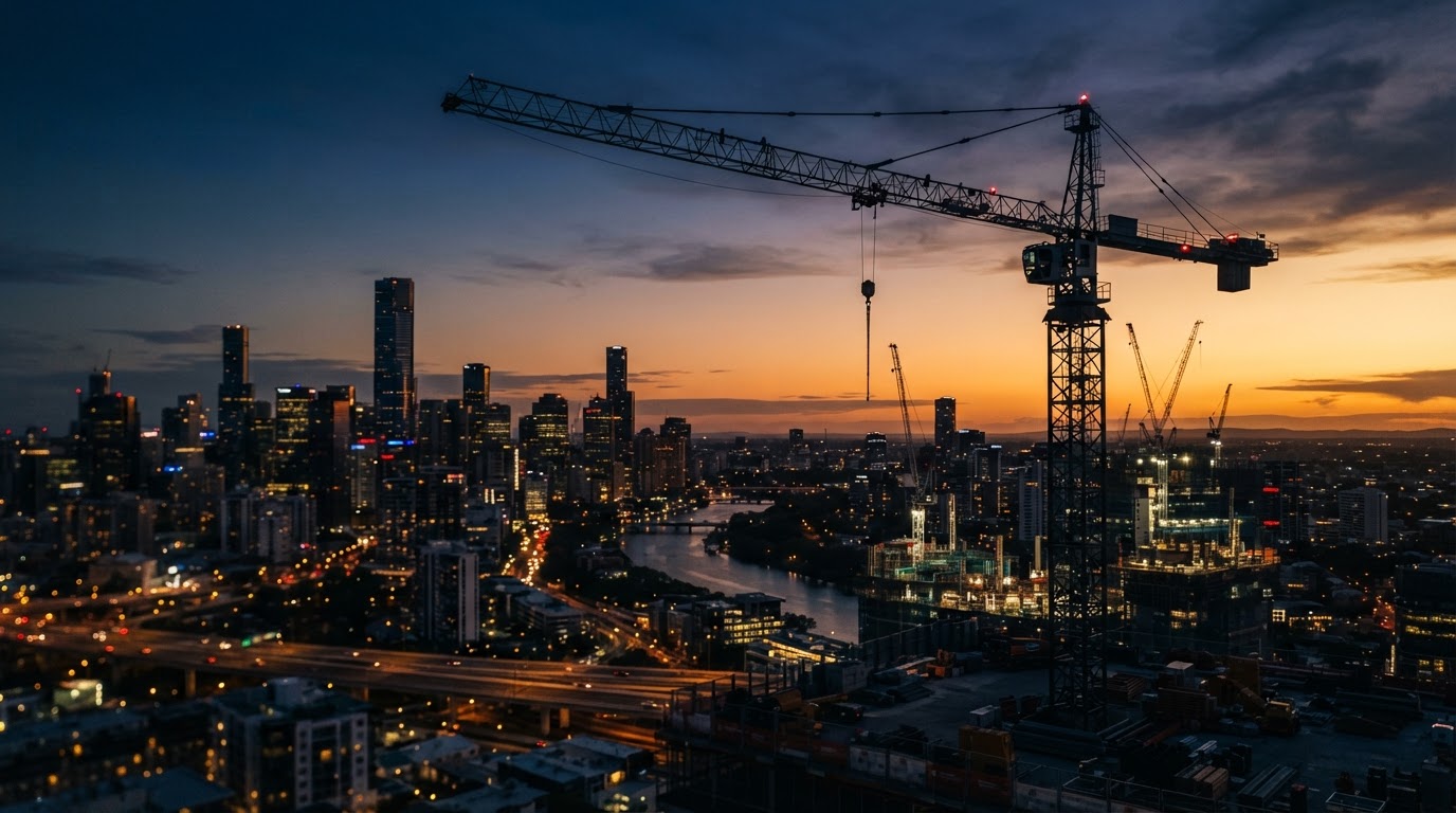 Construction crane against a dusk city sky