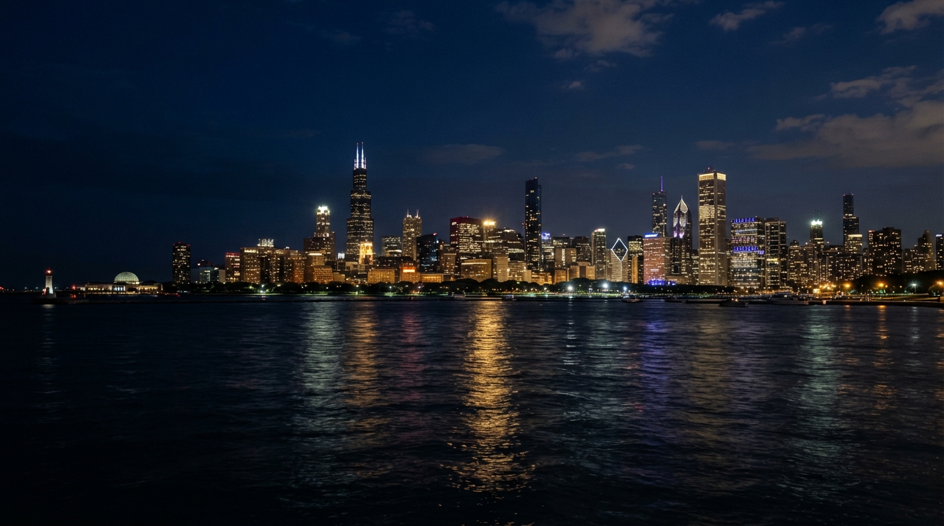 Chicago skyline at night seen from Lake Michigan with city lights reflecting on the water