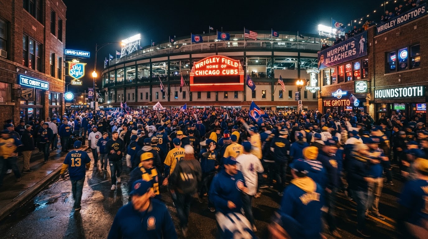 Wrigleyville crowd at night under stadium lights, motion-blurred