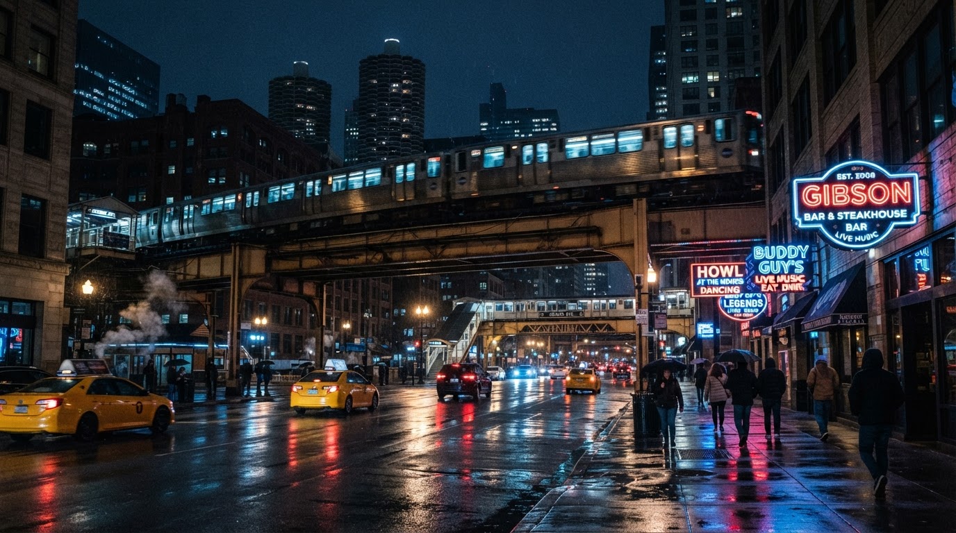 River North Chicago street level at night with El train tracks visible