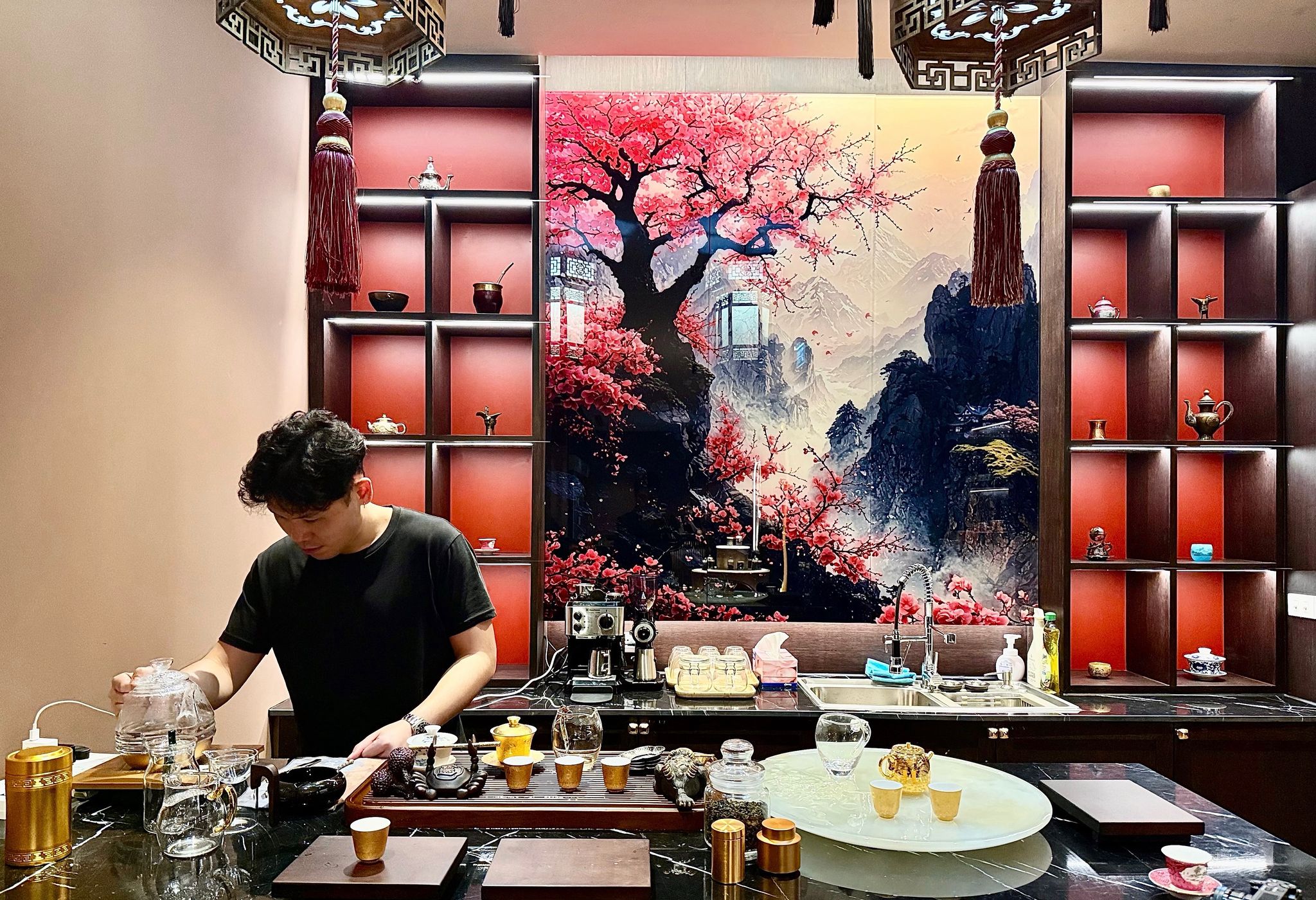 YinYang Wellness tea ceremony room with cherry blossom mural in Bangkok