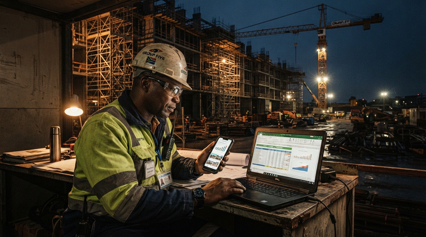 Construction site manager comparing information across a phone and a laptop spreadsheet