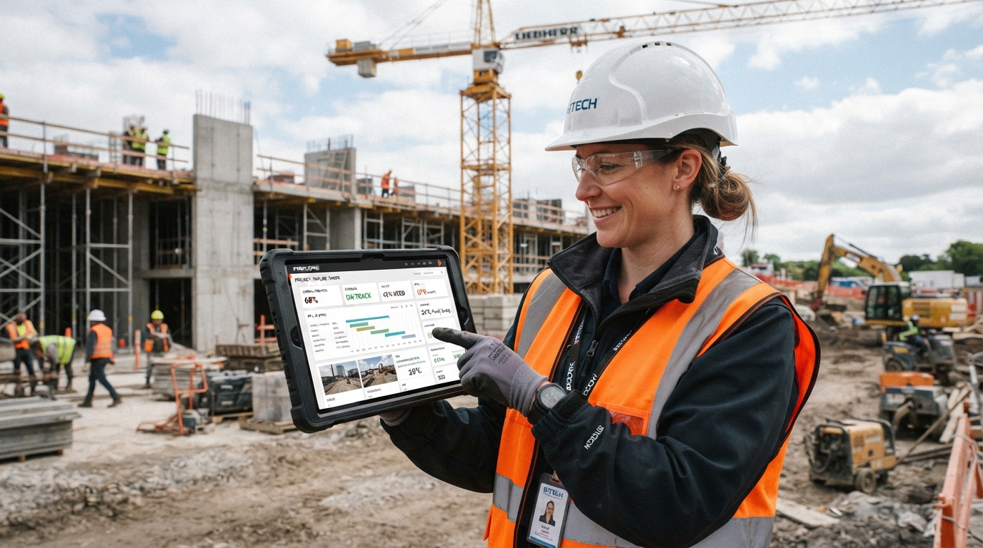 Construction Operating System dashboard showing projects, compliance and commercial data