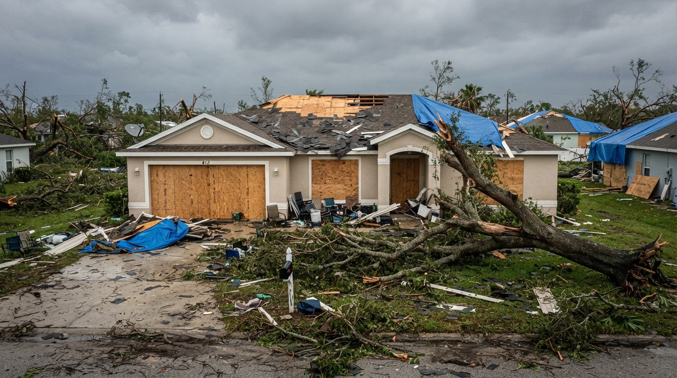 Florida home with visible hurricane damage including missing roof shingles, fallen branches, and storm debris