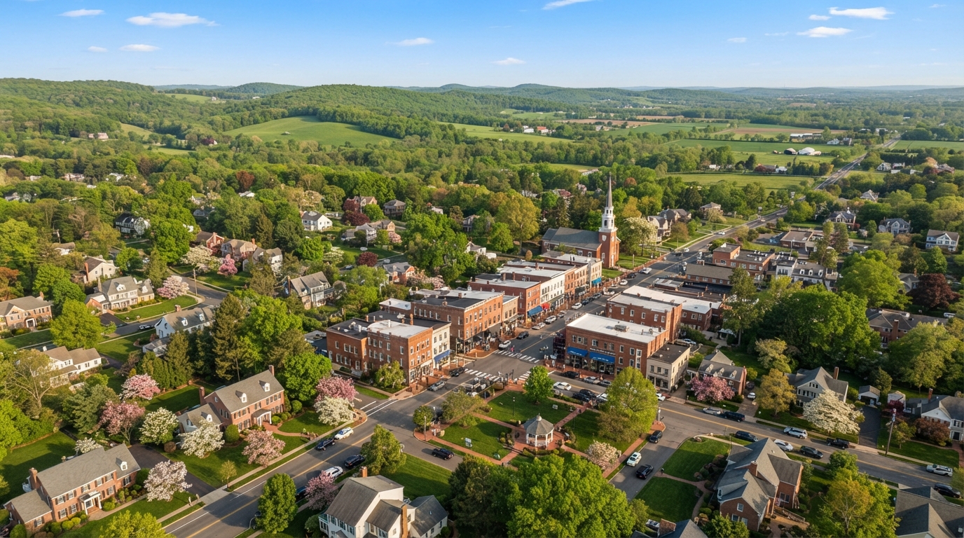 Aerial view of Central New Jersey historic towns and suburban homes