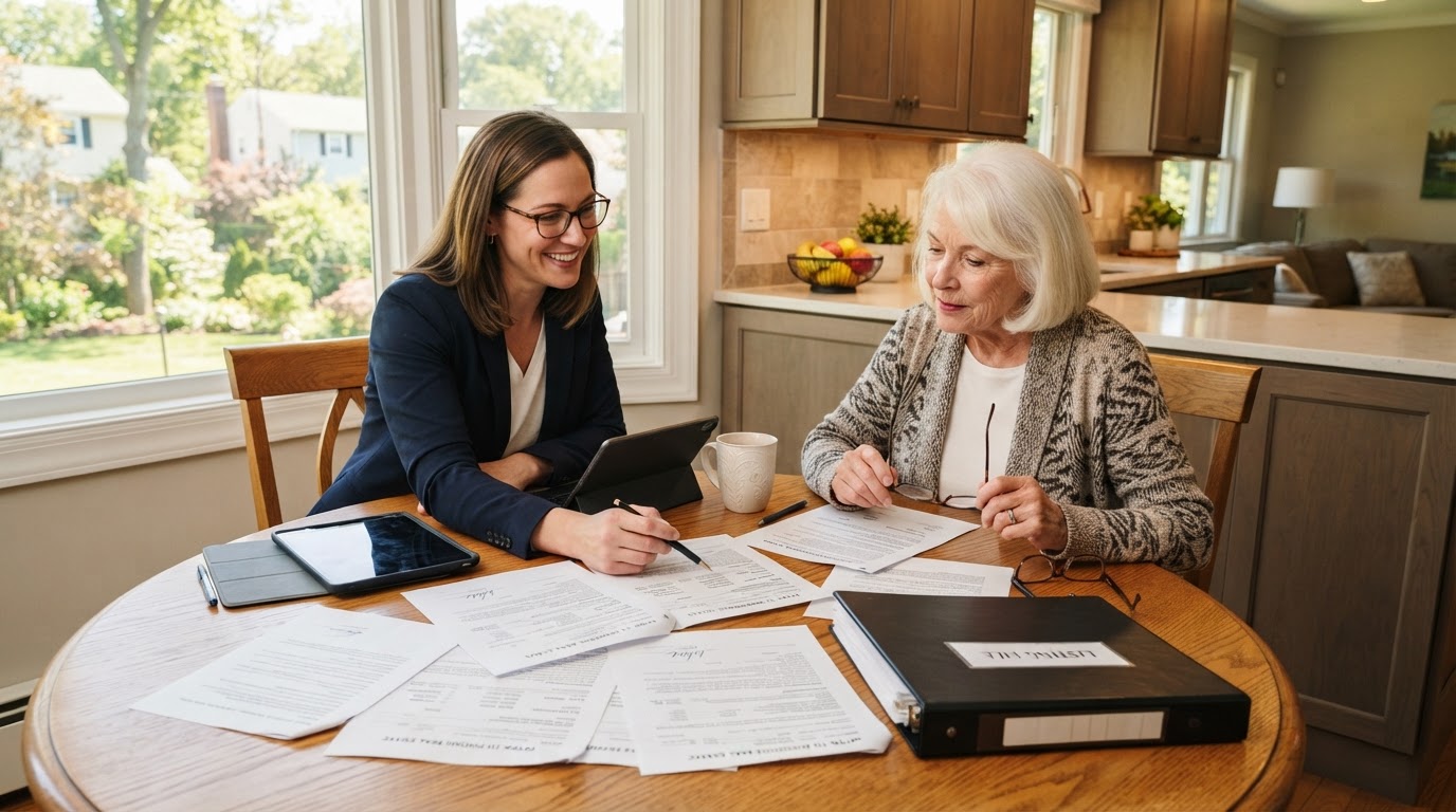 Real estate agent and home seller comparing multiple written purchase offers on a kitchen table in NJ or FL