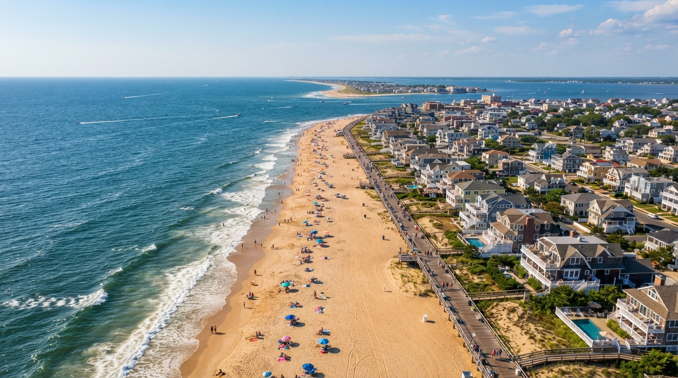 Aerial view of the Jersey Shore with beachfront homes and the Atlantic Ocean