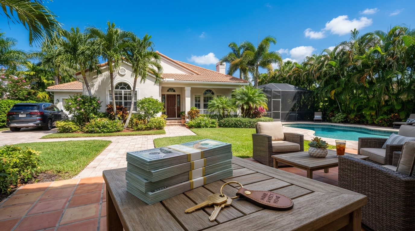 Florida home with down payment concept, cash and keys on a table with palm trees