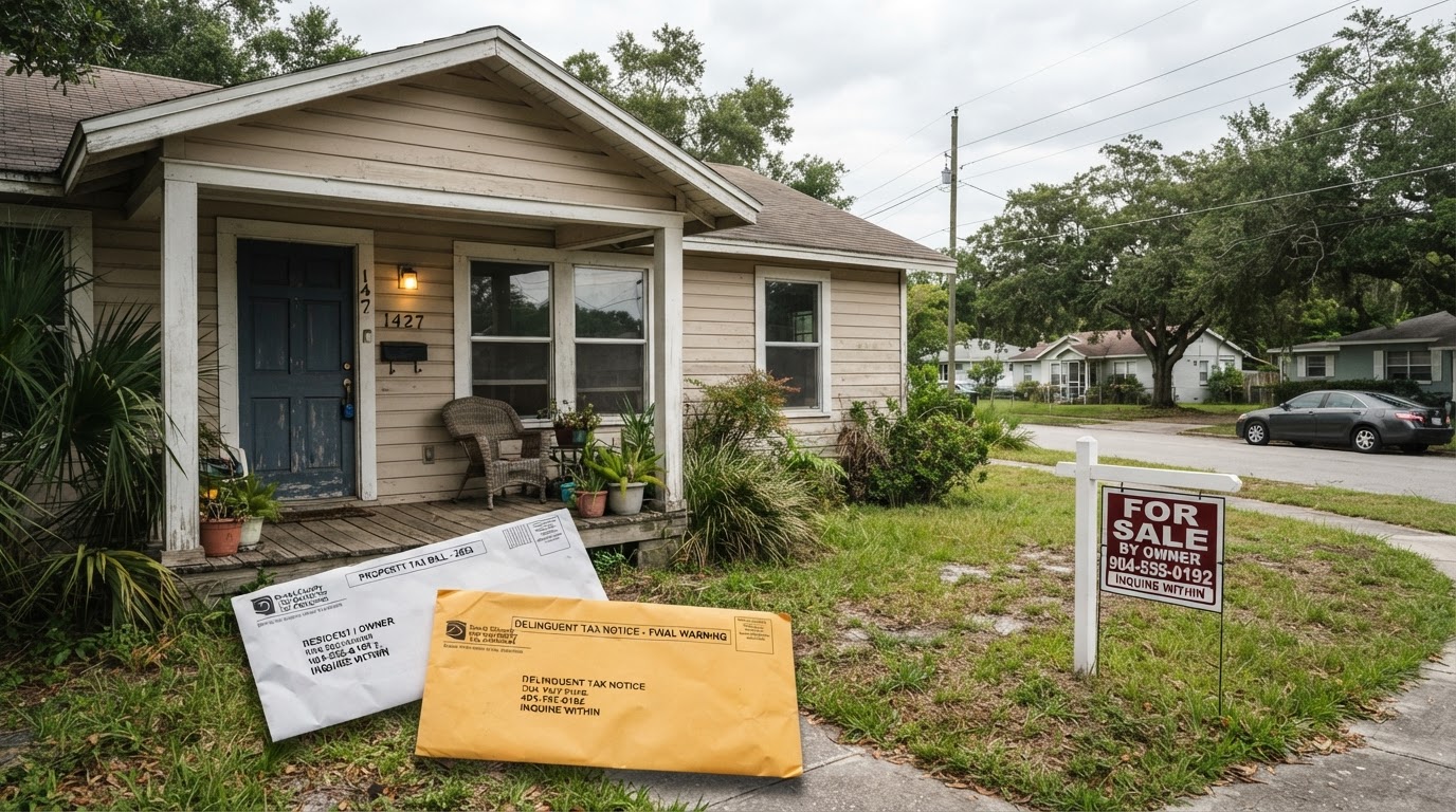 Suburban home with a delinquent property tax bill and tax sale notice, representing selling a house behind on property taxes in NJ or FL