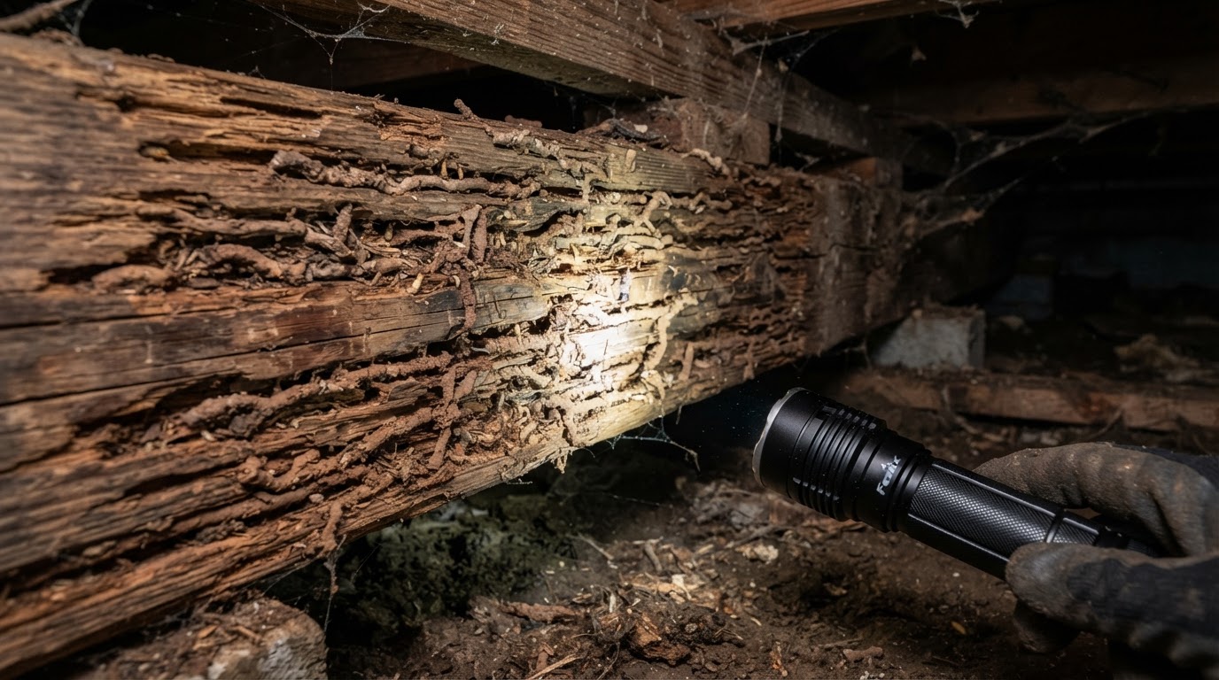 Close-up of termite damage on a wooden structural beam with visible tunnels and hollowed wood in a home crawlspace