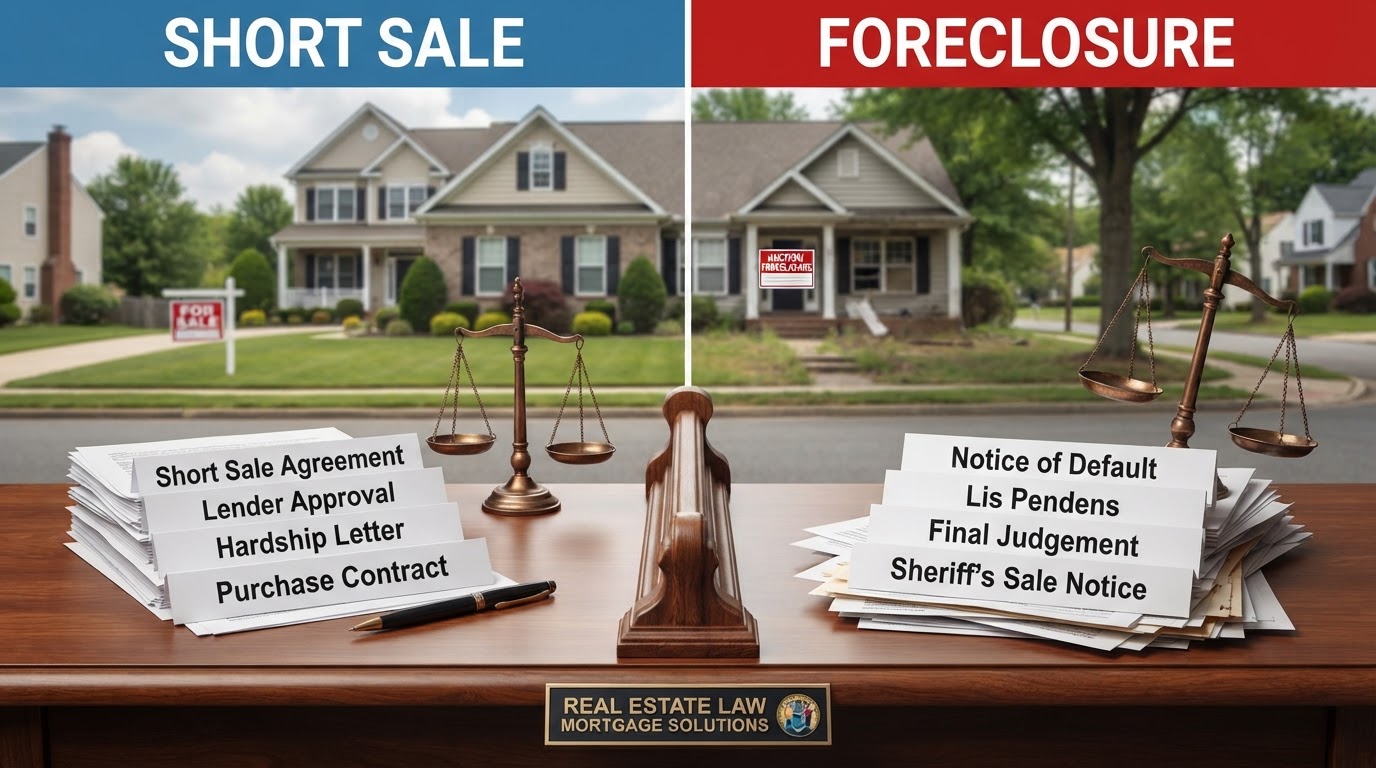 Side-by-side comparison of short sale versus foreclosure with a NJ or FL home, legal documents and scales of justice