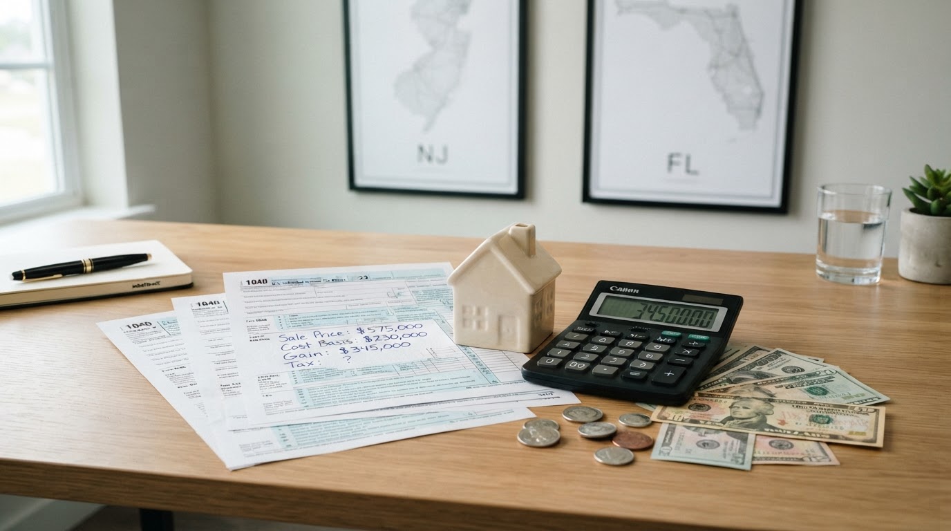 Capital gains tax documents and calculator with a home model representing selling a house in NJ or FL