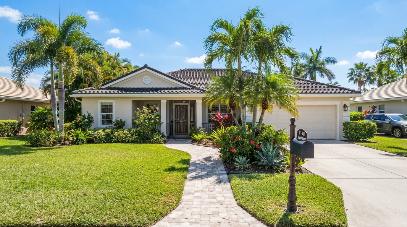 Florida home with palm trees and mailbox, homestead exemption concept