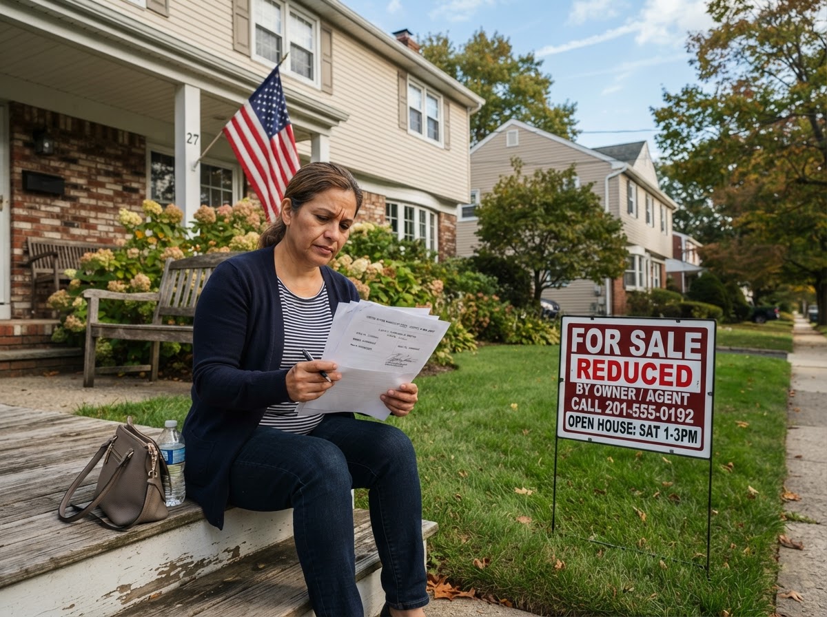 Homeowner reviewing bankruptcy discharge papers next to a For Sale sign in front of a suburban home