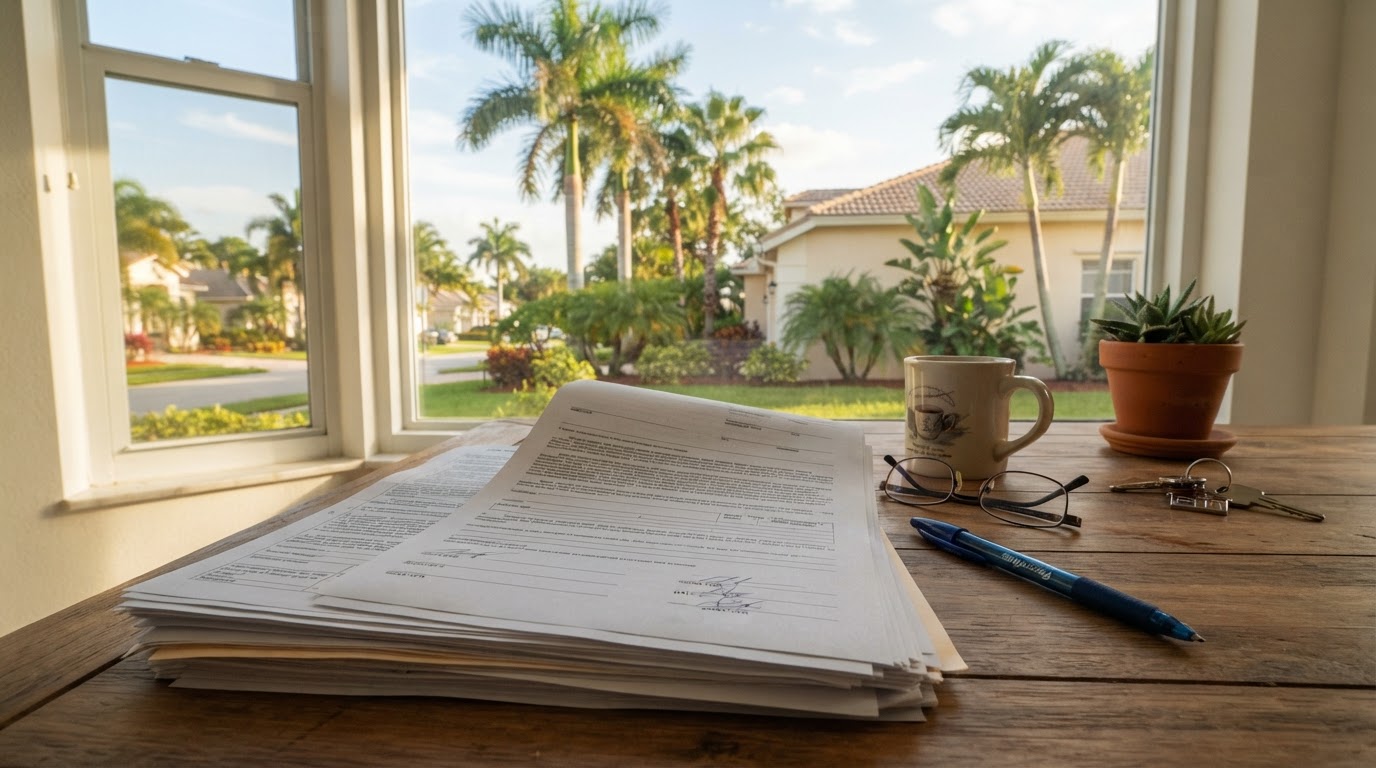 Florida closing documents and pen on a kitchen table