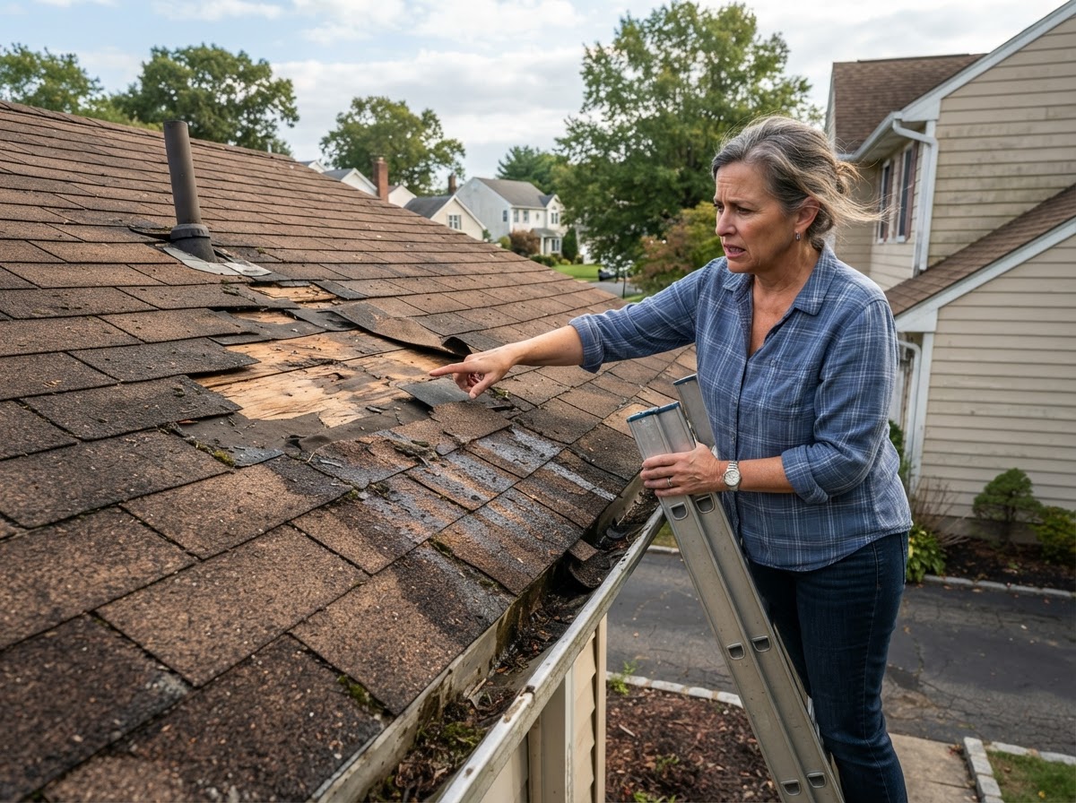 Damaged residential roof with missing shingles being inspected by a homeowner in New Jersey or Florida