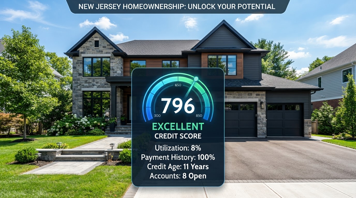 Credit score concept with a New Jersey home in the background