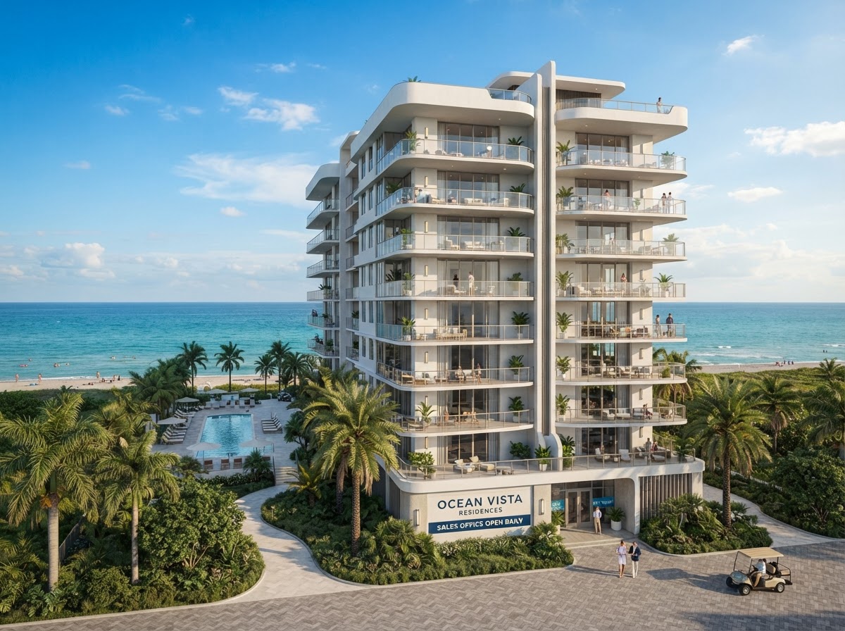 Modern Florida condo building exterior with balconies and palm trees
