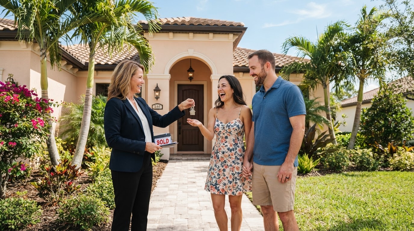 Happy home buyer receiving keys to a Florida home from a real estate agent