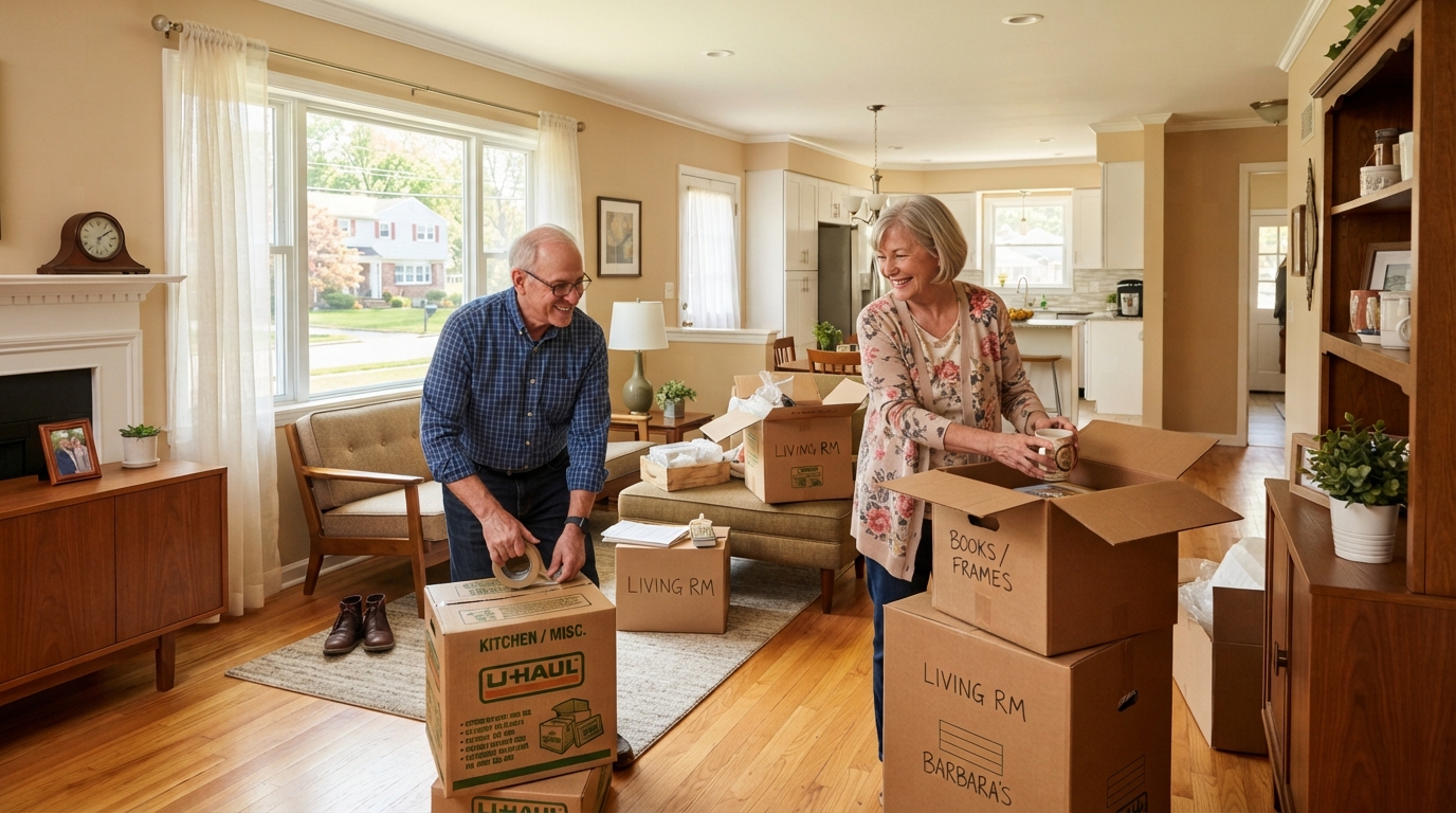 New Jersey senior couple downsizing to a smaller home with moving boxes