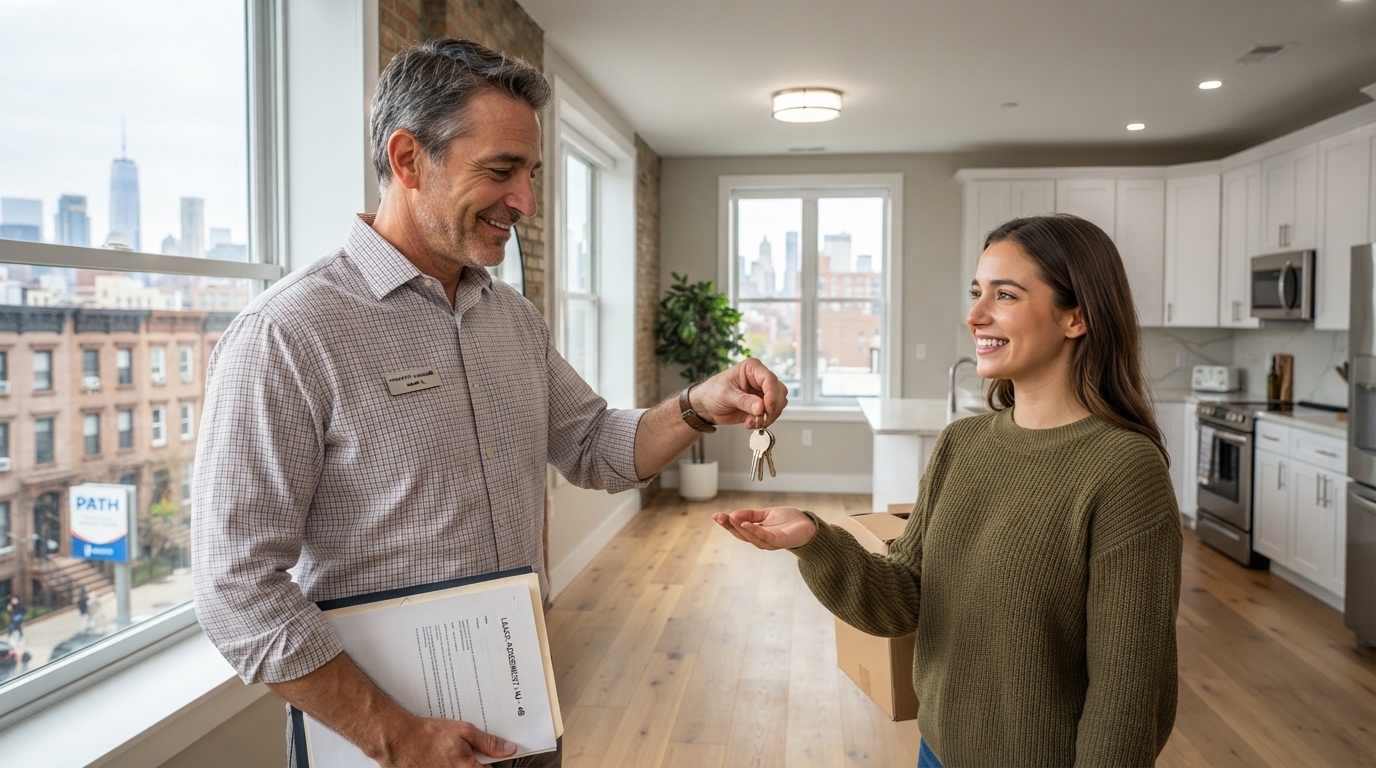 Tired landlord in New Jersey handing over keys to a rental property