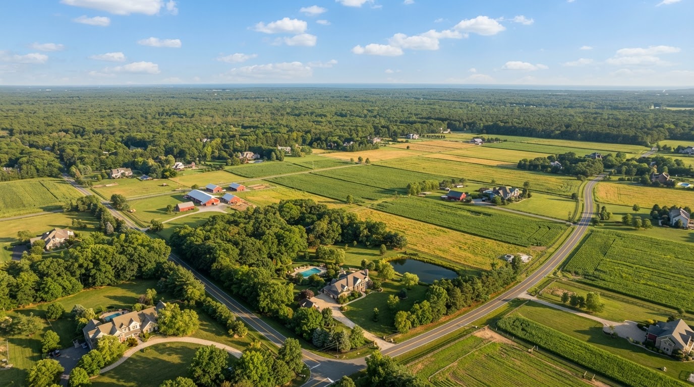 Aerial view of Southern New Jersey with spacious properties and farmland