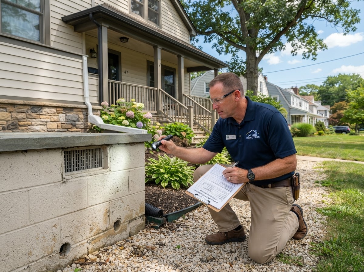 Home inspector with a clipboard examining the exterior and foundation of a house in New Jersey or Florida