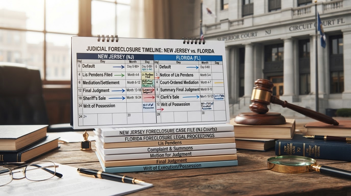 Foreclosure timeline visualized on a calendar with legal documents, comparing NJ and FL judicial foreclosure processes