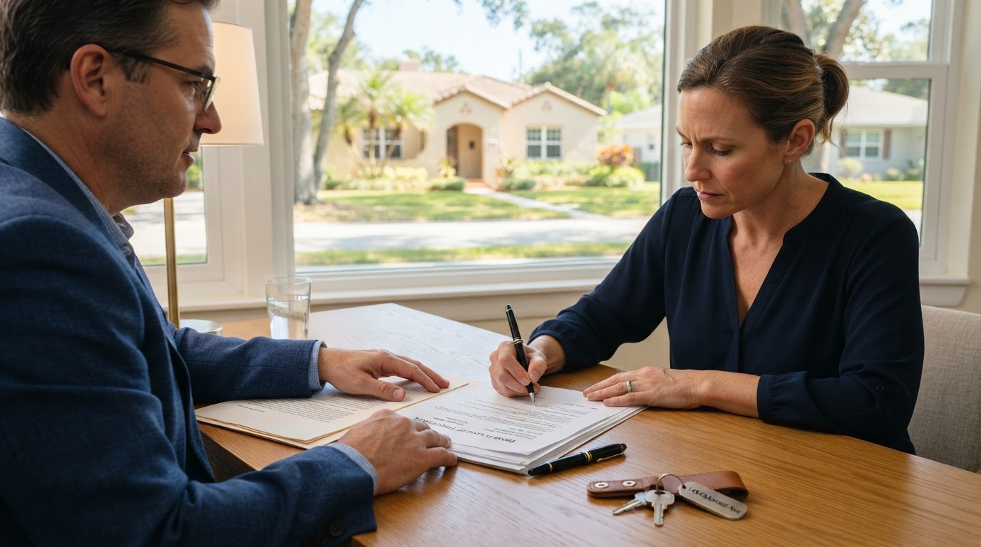 Homeowner signing deed in lieu of foreclosure documents with a NJ or FL home visible through a window