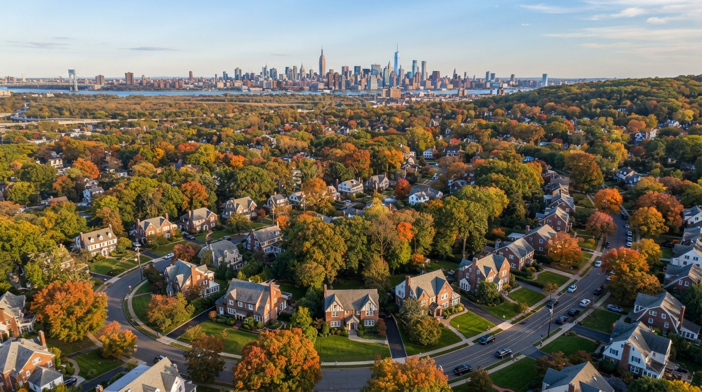 Aerial view of Northern New Jersey suburban neighborhoods with the Manhattan skyline