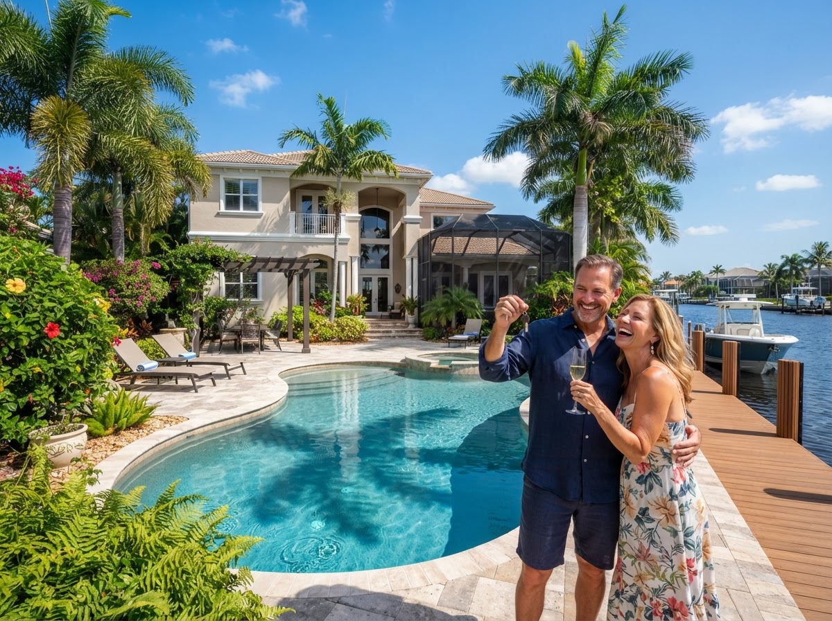Beautiful Florida vacation home with a pool and palm trees