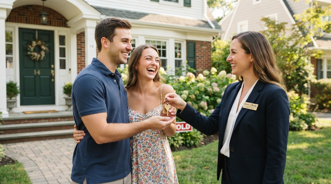Happy family moving into their new home in New Jersey or Florida