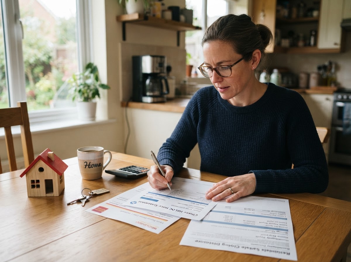 Homeowner reviewing home equity loan and HELOC statements at a kitchen table with a house model and keys