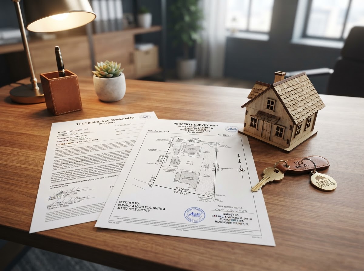 Real estate title insurance document and property survey map on a desk with a house model and keys, representing title insurance and property survey for home buyers in New Jersey or Florida