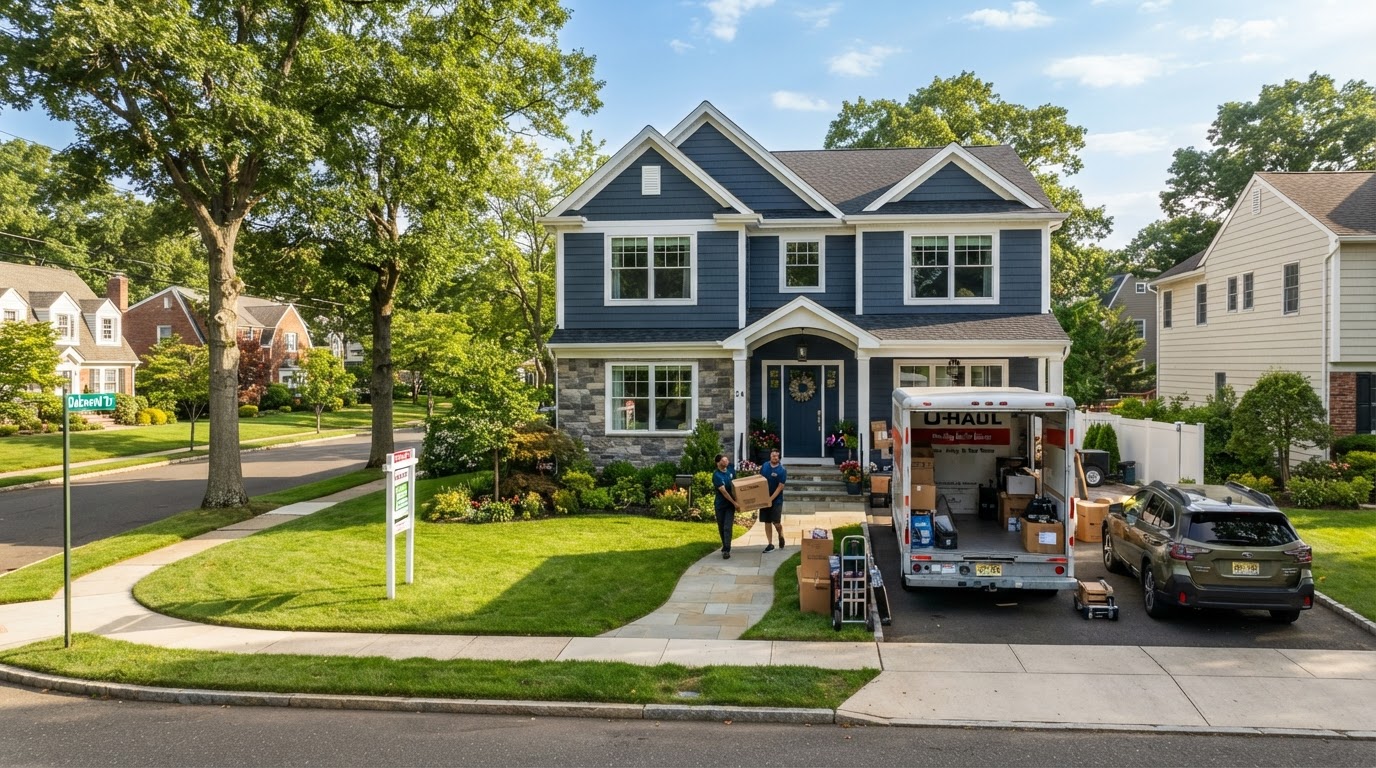 New Jersey relocation concept with moving truck and home
