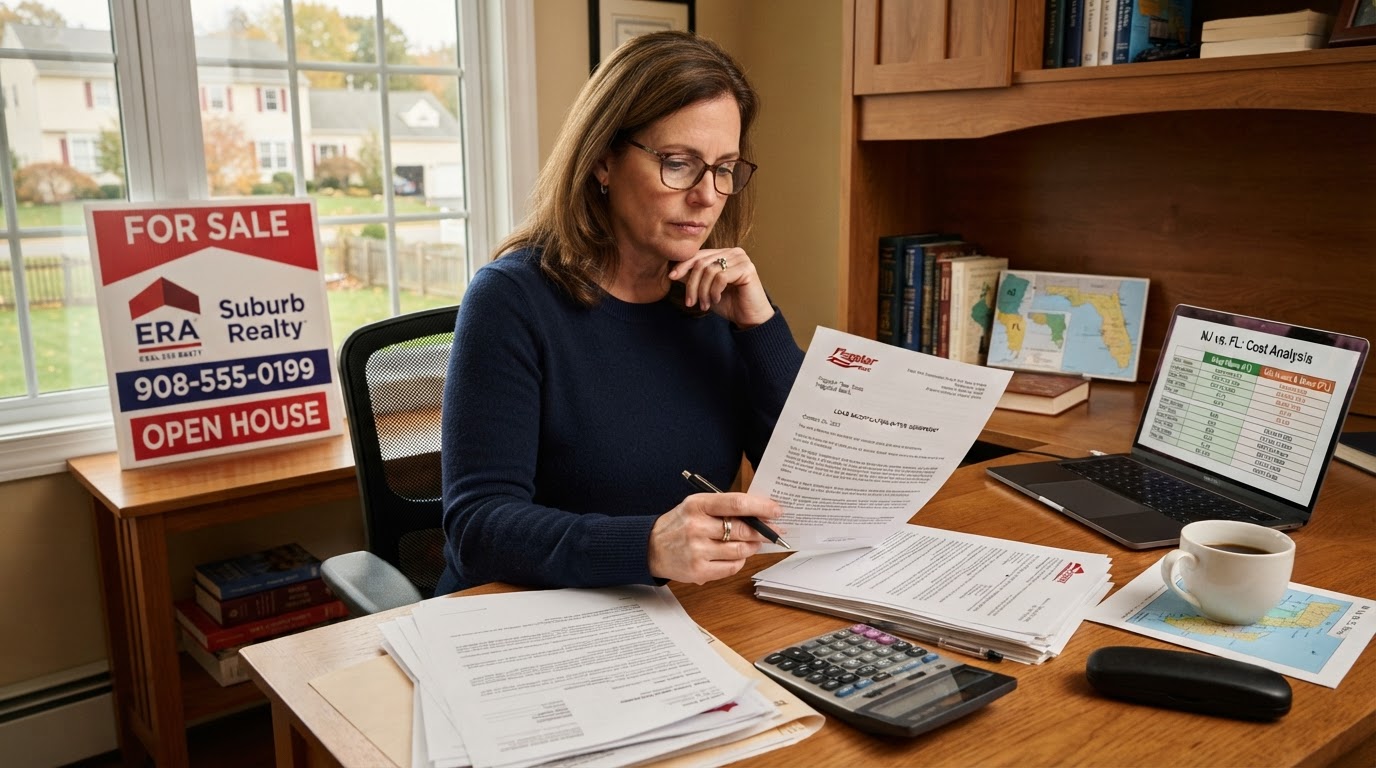 Homeowner reviewing a loan modification offer letter next to a For Sale sign in NJ or FL
