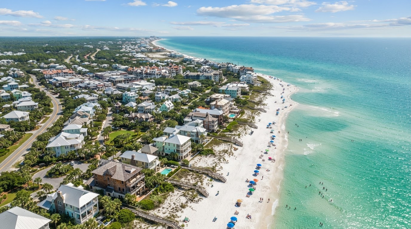 Aerial view of Florida Gulf Coast beachfront communities with white sand beaches