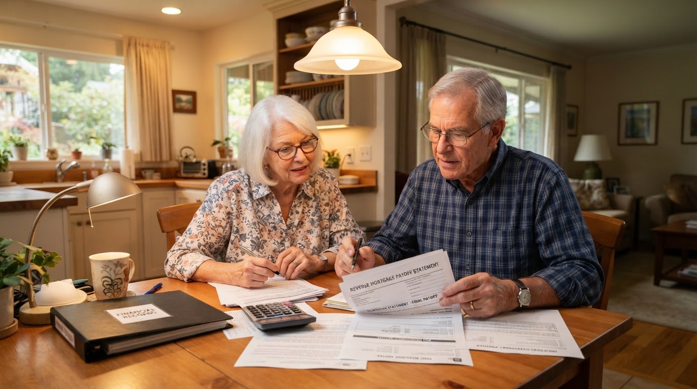 Senior couple reviewing reverse mortgage payoff documents at a kitchen table