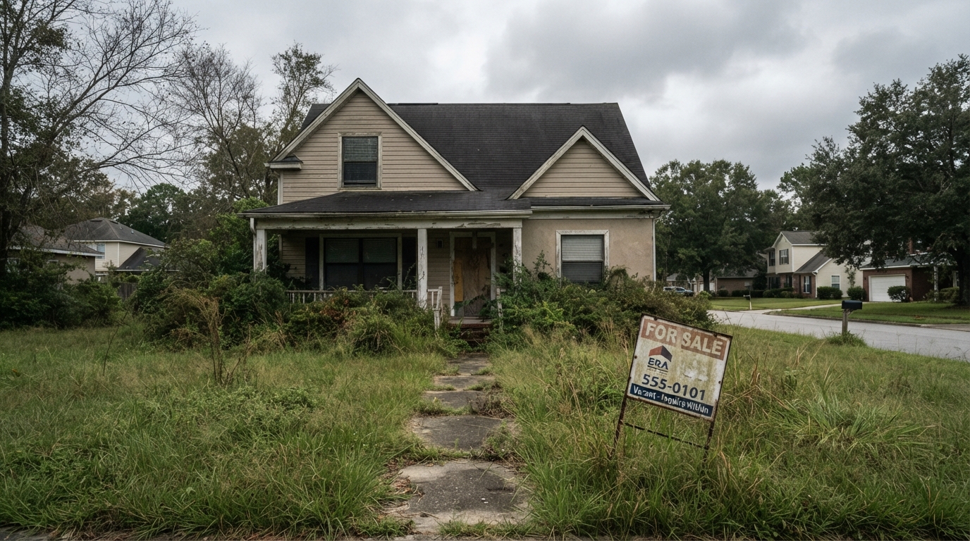 Vacant house with overgrown lawn and a For Sale sign