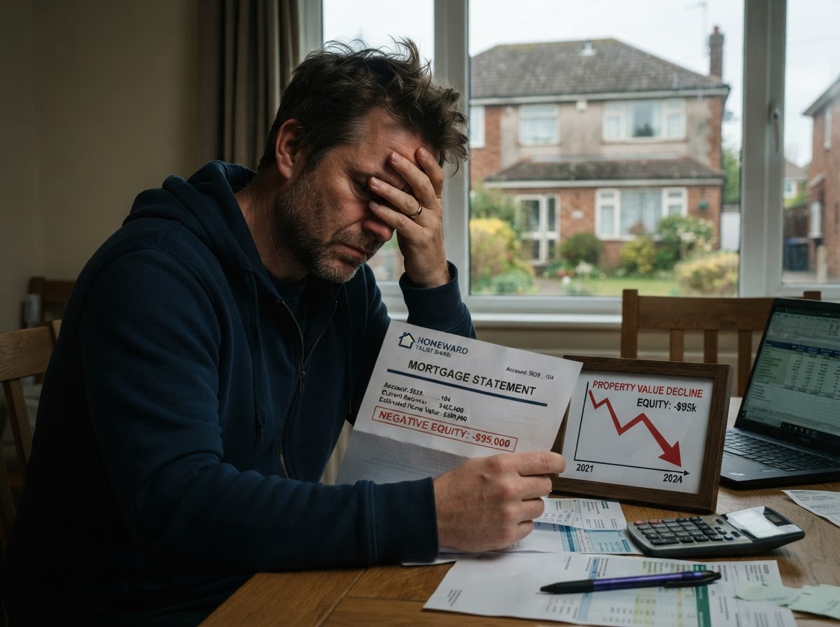 Stressed homeowner reviewing a mortgage statement showing negative equity with a downward arrow chart