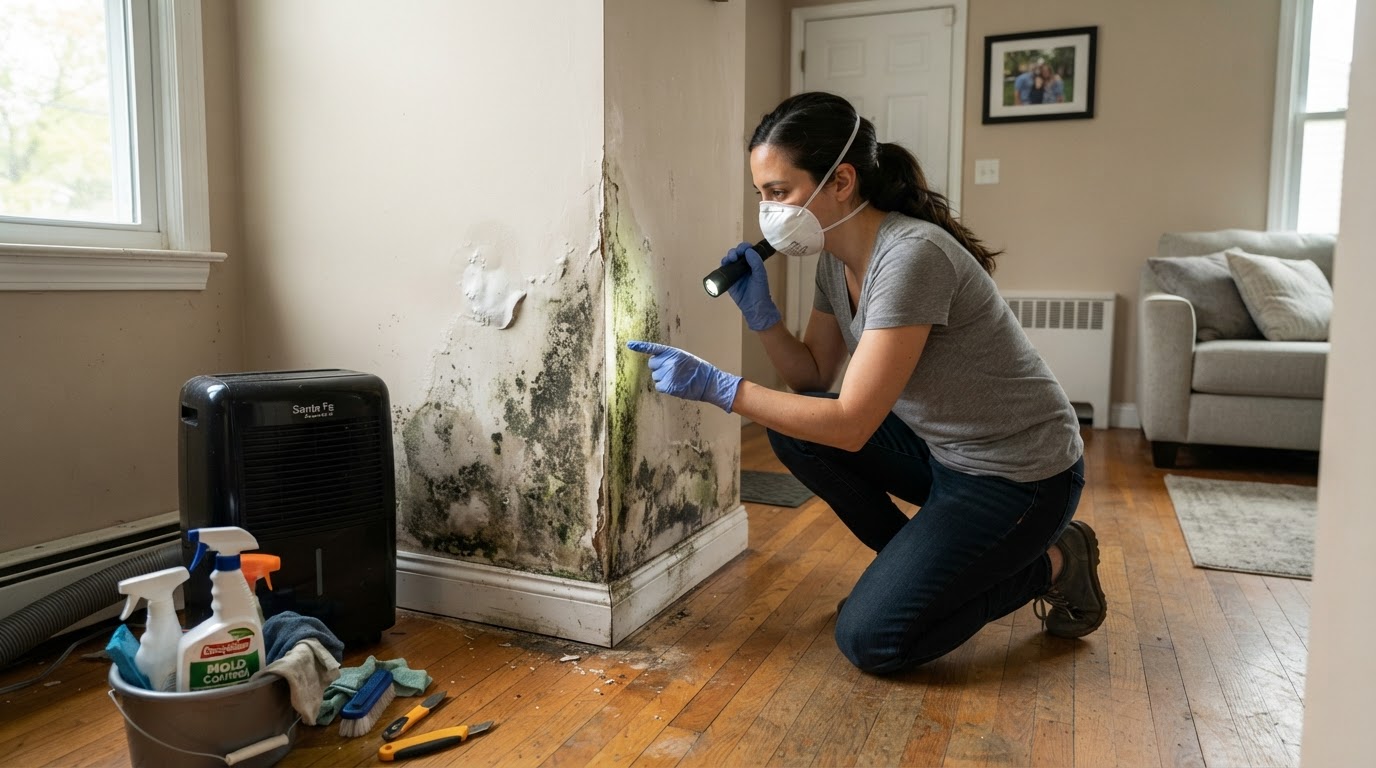 Home interior wall with visible mold and water damage being inspected in New Jersey or Florida