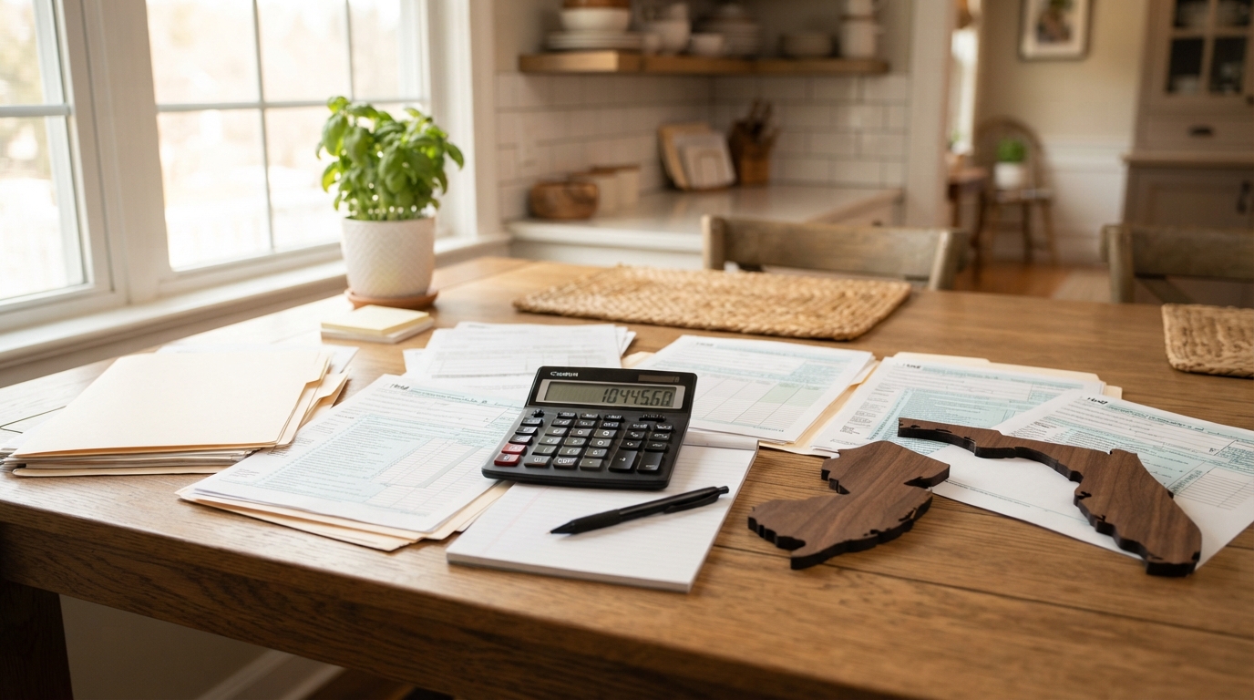 Tax documents and calculator comparing New Jersey and Florida property taxes