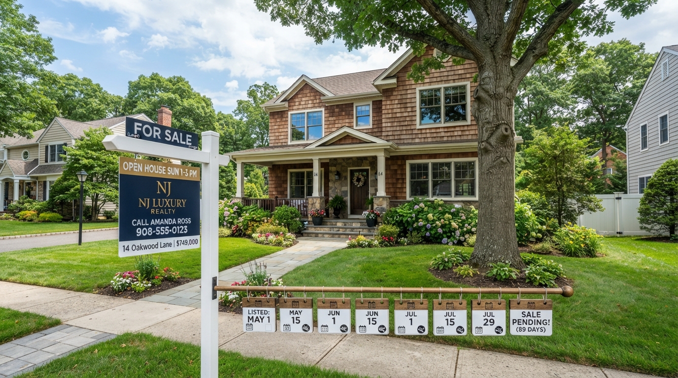 New Jersey home with For Sale sign and calendar concept