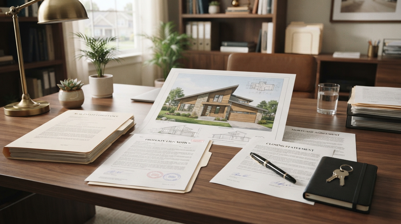 Legal documents and a house representing selling property with a lien in NJ or FL