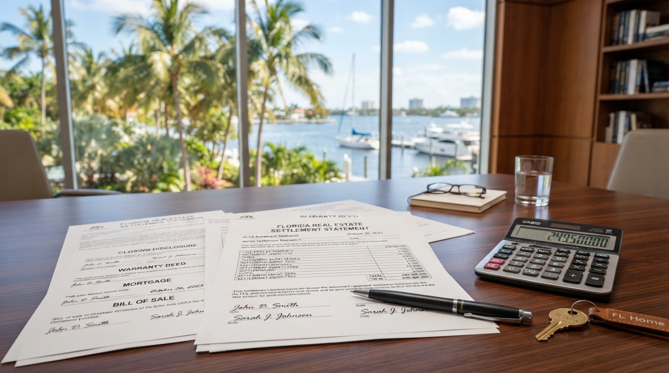 Florida home closing documents and pen on a kitchen table with palm trees visible