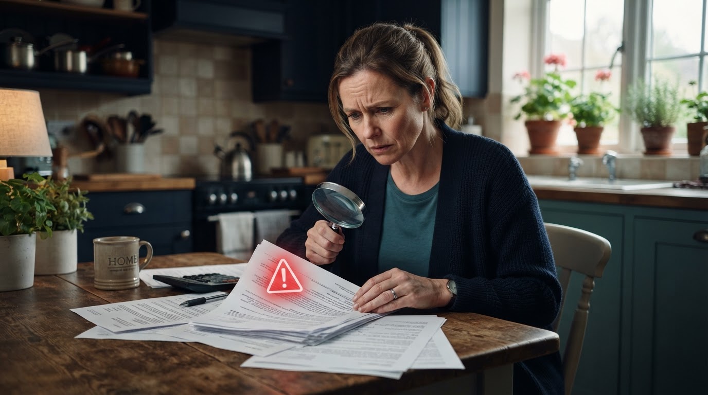 Homeowner reviewing foreclosure documents with a warning about rescue scams